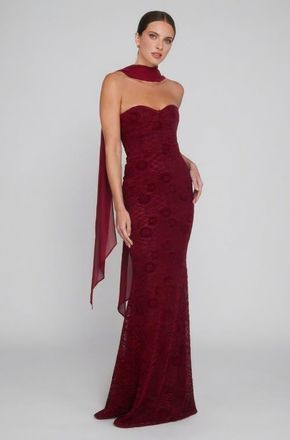 Six Stories Velvet Lace Corset Bandeau Maxi Dress in Wine at Nordstrom, Size 6
