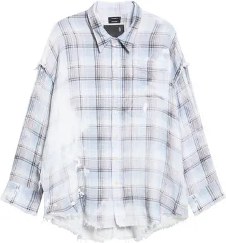 R13 Shredded Seam Drop Neck Plaid Flannel Button-Up Shirt in Blue Bleached Plaid at Nordstrom, Size X-Large
