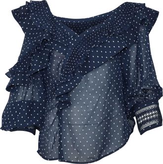 Self Portrait Plumetis Frilled Top in Blue Polyester