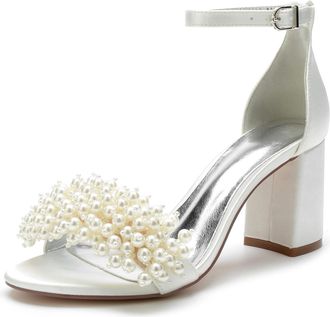 Generic Block Heels Pearls Wedding Sandals Open Toe Ankle Strap Bridal Evening Party Summer High Heels Shoes 8Cm,Ivory,10 UK