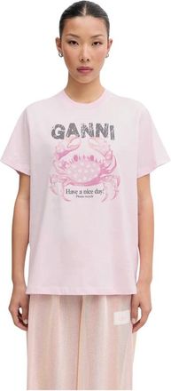 Ganni Tops, Dames, Roze, XS, Katoen, T-shirt met krabprint