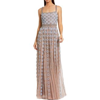 Mac Duggal Petite Sleeveless Embellished Mesh A-Line Evening Gown in Powder Blue at Nordstrom, Size 10