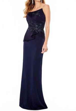 Mon Cheri Montage Strapless Peplum Maxi Dress In Navy