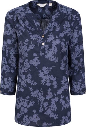 Mountain Warehouse Petra Printed Womens 3/4 Sleeve Shirt - Lightweight, Breathable & Relaxed Fit Cotton Tee Top - for Spring Summer, Outdoors, Holiday & Hiking Navy (Pri