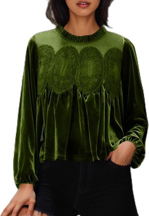 Generic Womens Fashion Velvet Tops Lace Trim Patchwork Velour Blouses Dressy Casual Long Sleeve Round Neck Evening Shirt Army Green
