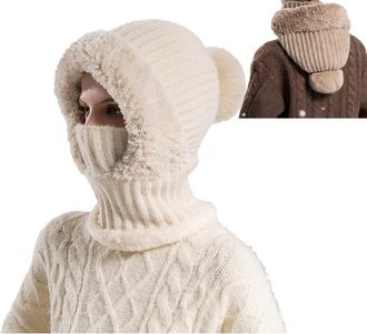 Generic 3 in 1 Beanie Hat, Winter Warm Knit Hood with Scarf and Face Cover, Windproof Thermal Cap for Outdoor Skiing Hiking (UK, Alpha, One Size, M, Off White