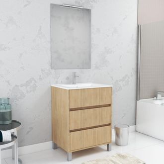 Aurlane Aurlane - Pack Mueble De Ba&ntilde;o 60 Cm Roble Claro 3 Cajones, Lavabo, Espejo 60x80 Y Aplique Led