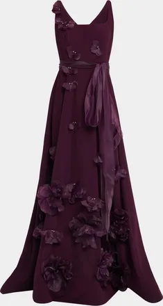 Rene Ruiz Square-Neck Floral Applique Gown