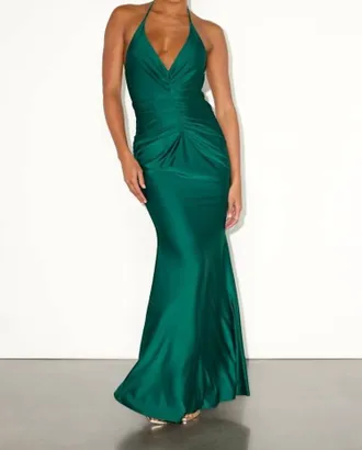 Lulus Womens Zaniya Ruched Halter Maxi Dress In Emerald Green