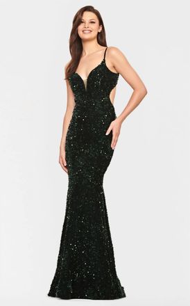 Faviana V-Neck Cutout Sequin Evening Gown In Hunter
