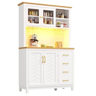 Merax Kitchen Pantry Cabinet Sideboard with Hutch LED & Wine Glass Racks in White