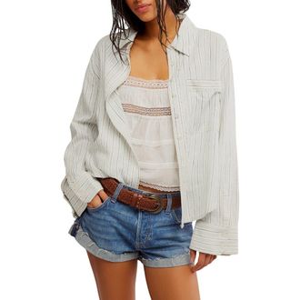 Free People Laurel Linen Blend Button-Up Shirt in Ivory Combo at Nordstrom, Size X-Large
