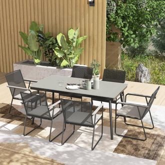 OUTSUNNY 6 Seater Garden Dining Set with Cushions Rattan Backrest in Grey