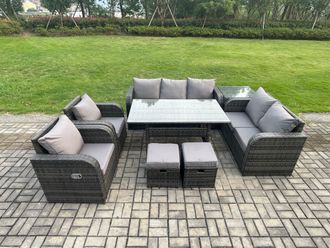 Fimous Dark Grey PE Wicker Rattan Garden Furniture Set Reclining Chair Love Sofa 2 Seater Sofa Set Outdoor Rectangular Dining Table Small Footstools