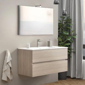 Savini Due - Mobile Sospeso In Composizione A 2 Cassetti Colore Rovere Fumo Da 100 Cm (compreso Lavabo - Lampada - Specchiera) - Savini