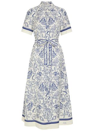 SIMKHAI Audria Printed Belted Linen-blend Midi Shirt Dress - Blue - S (UK8-10 / S)