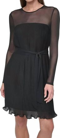 DKNY Jewel-Neck Belted A-Line Pleated Mesh Dress In Black