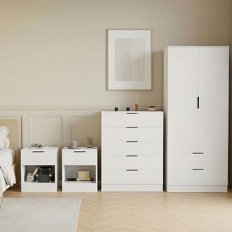 Home Discount Trega 4pc Bedroom Furniture Set - 2x 1 Drawer Bedside, 5 Drawer Chest & 2 Door Wardrobe, White