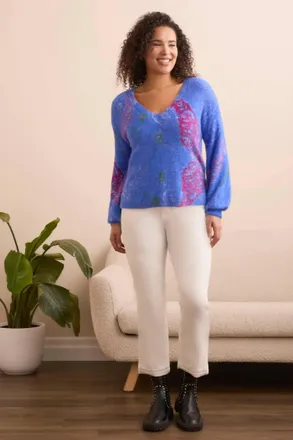 Tribal Wear 2 Ways Front To Back Fuzzy Long Sleeve Sweater In Lapis