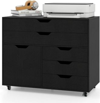 Costway 5-Drawer Chest Mobile Chest of Drawers with 5 Casters & Door-Black
