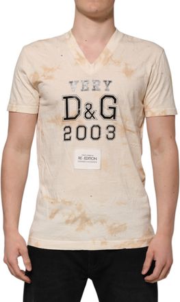 Dolce & Gabbana Mens Beige Logo Print Short Sleeve V-Neck T-Shirt Cotton