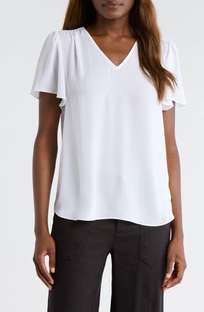 NYDJ Pleated Back Flutter Sleeve Top in Optic White at Nordstrom, Size Xx-Small