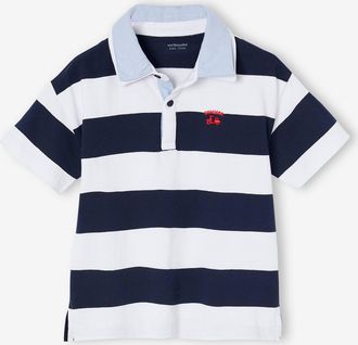 Vertbaudet Kinder Poloshirt mit Doppelkragen, Recycling-Baumwolle blau gestreift