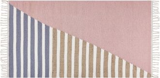 Beliani Alfombra De Lana Rosa Blanco Beige Azul 80 X 150 Cm Yute A Mano Borlas Engiz