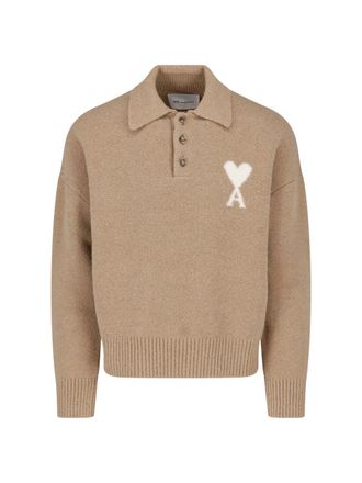 Ami Beige Wool Blend Cardigan With Classic Collar And Intarsia Logo
