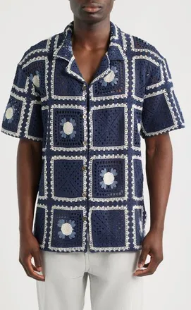 CH&Eacute; Studios Tejer Crochet Camp Shirt in Navy at Nordstrom, Size Xx-Large