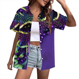 Generic Womens Dress Shirts Long Sleeve Shirt 2025 Tops Womens Fashion Festival Celebration Comfortable Printed Short Sleeved Shirt Tall Button Down Shirt (Pu