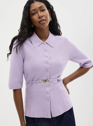 Contemporaine Womens Belted fitted polo-collar Cardigan Sweater
