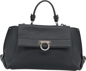 Ferragamo Sofia Satchel Grainy Leather Black Leather Handbag (Pre-Owned)