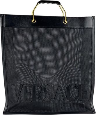 Versace Black Leather Handbag Tote Bag (Pre-Owned)
