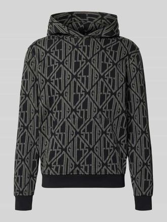 Guess Hoodie im Allover-Look mit K&auml;nguru-Tasche in Black, Gr&ouml;&szlig;e XXL
