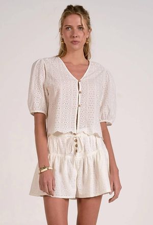 Elan Eyelet Button Up Top In White