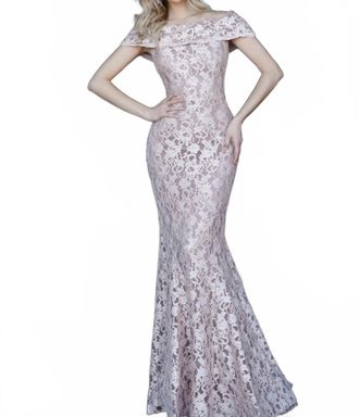 Jovani Off The Shoulder Lace Evening Dress In Taupe