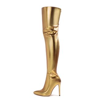 Generic Gold,8.5 UK,Womens Thigh High Boots Back Zipper Pointy Toe Stiletto Heels Colorful Patent Leather PU Fashion Long Boot Party Dress Shoes