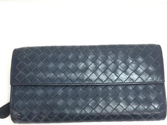 Bottega Veneta Intrecciato Navy Leather Long Wallet (Bi-Fold) (Pre-Owned)