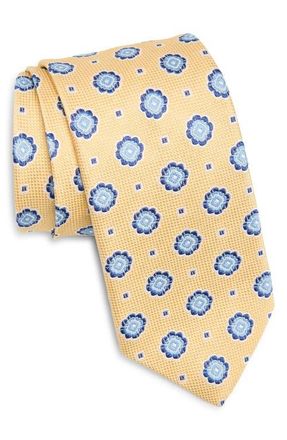 David Donahue Floral Medallion Silk & Cotton Tie in Yellow at Nordstrom