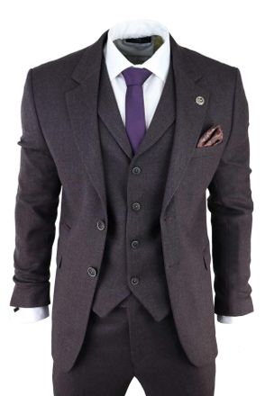TruClothing Mens Purple Plum 3 Piece Tweed Herringbone Suit Peaky Blinders Classic Tailored Canvas - Size 36 (Chest)