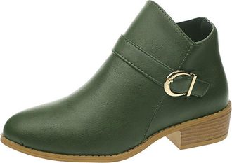 Generic Green Womens Short Boots Style British Round Toe with Side Zipper Chunky Heel Ankle Boots Fashion Casual Comfortable Walking Shoes Pu Material