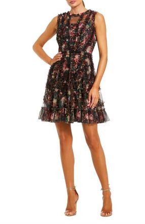 Mac Duggal Mesh Micro Ruffle High Neck Floral Mini Dress in Black Multi at Nordstrom, Size 10