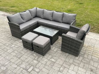 Fimous Rattan Lounge Corner Sofa Set Wicker PE Outdoor Garden Furniture Set with Rectangular Coffee Table 2 Small Footstools in Dark Grey