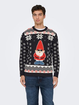 Only & Sons Rundhalspullover ONLY & SONS ONSX-MAX REG CREW KNIT, Herren, Gr. XXL, blau (schwarz navy detail:santa), Strick, Obermaterial: 100% Baumwolle, gemuster