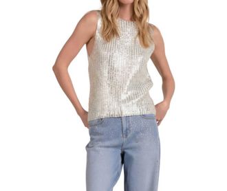 Elan Metallic Crewneck Sleeveless Sweater In White Metallic