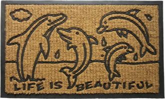 Imports Decor Dolphin Family Coir Door Mat with Rubber Backing, Non-Slip Coconut Fiber Doormat, Ocean Design Indoor Outdoor Entrance Rug