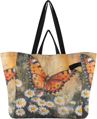 Generic Butterfly Daisies White print Reusable Canvas Tote Bag, Heavy Duty Grocery Shopping Bag with Large Capacity Hard Bottom Double Handles Work Groceries 