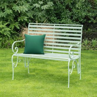 Melody Maison Sage Green Metal Ornate Distressed Garden Bench - 100cm X 92cm | Size: 100 cm X 92 cm