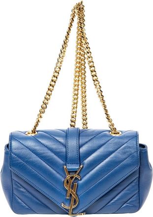Saint Laurent Blue Quilted Chevron Calfskin Leather Classic Baby Chain Bag (Authentic Pre-Loved)